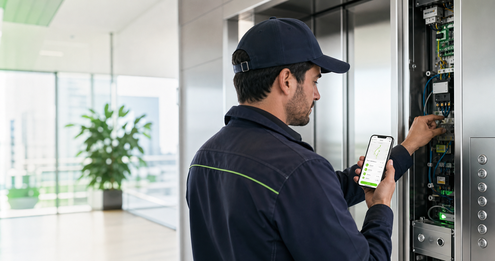 Técnico técnico de ascensores usando la app de enrutar