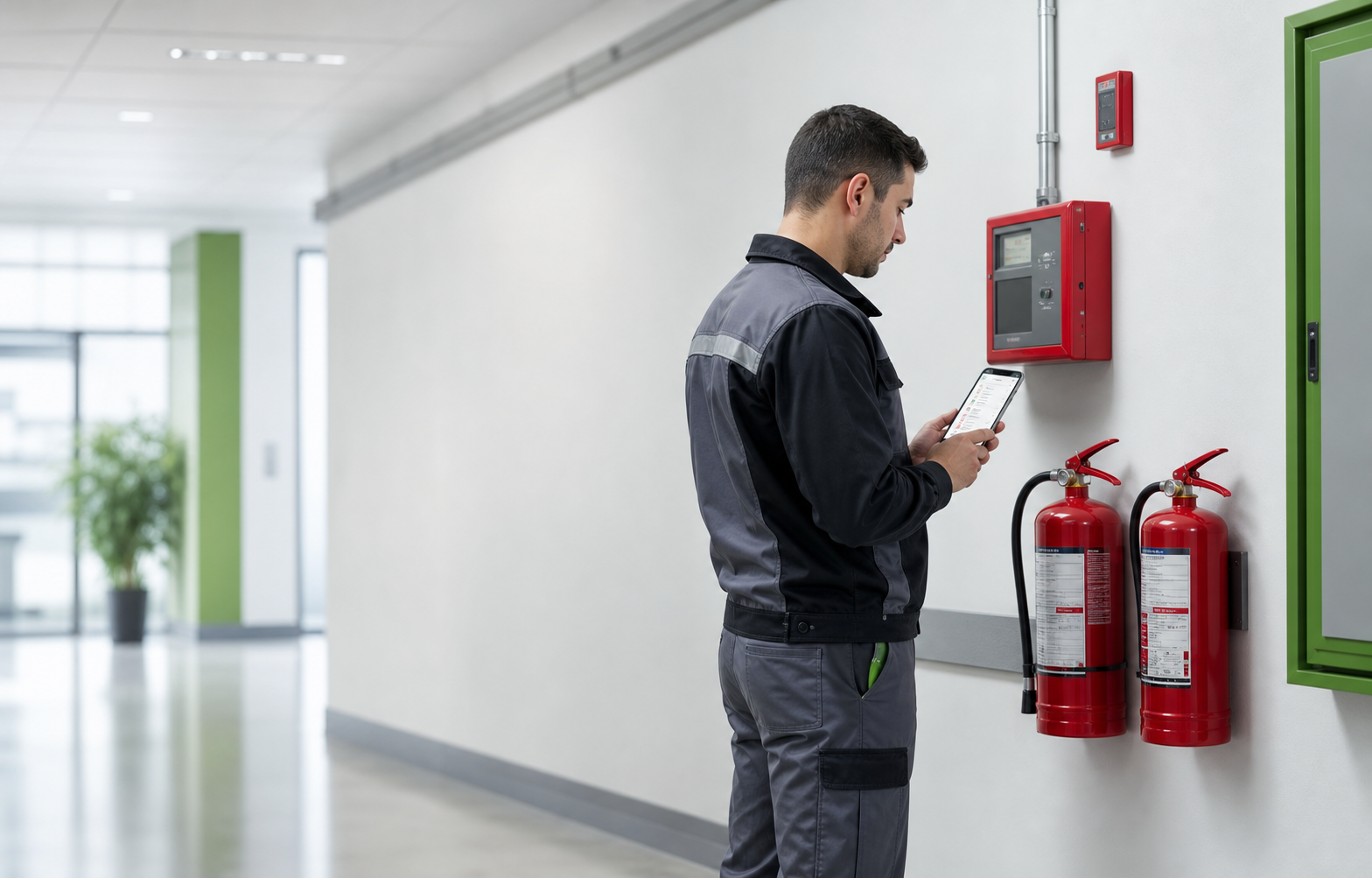 Técnico técnico de protección contra incendios usando la app de enrutar