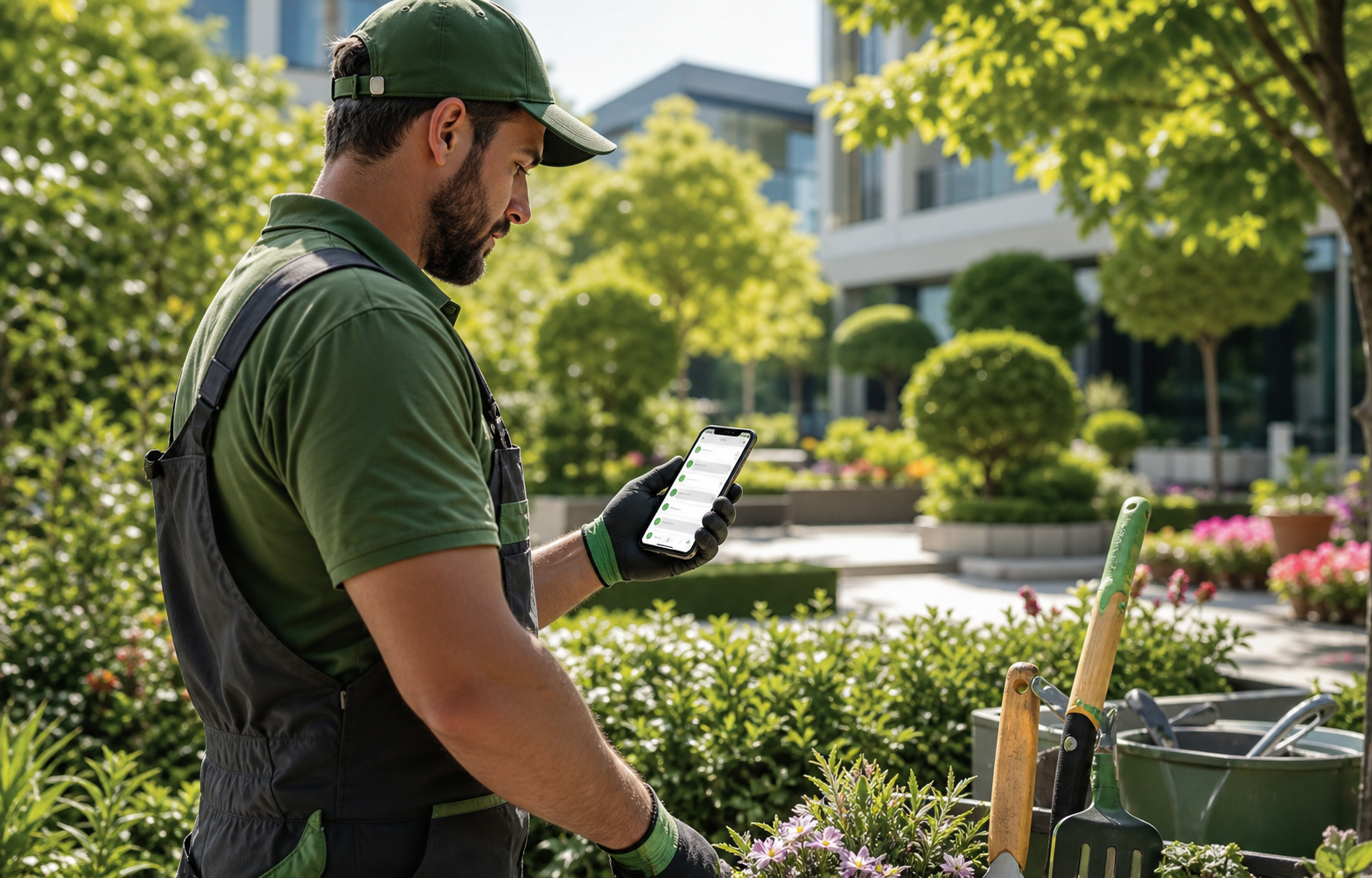 Técnico jardinero usando la app de enrutar