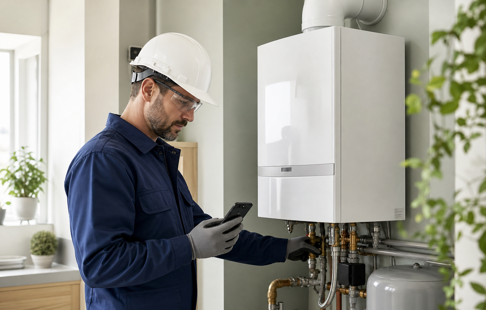 Técnico instalador de gas usando la app de enrutar