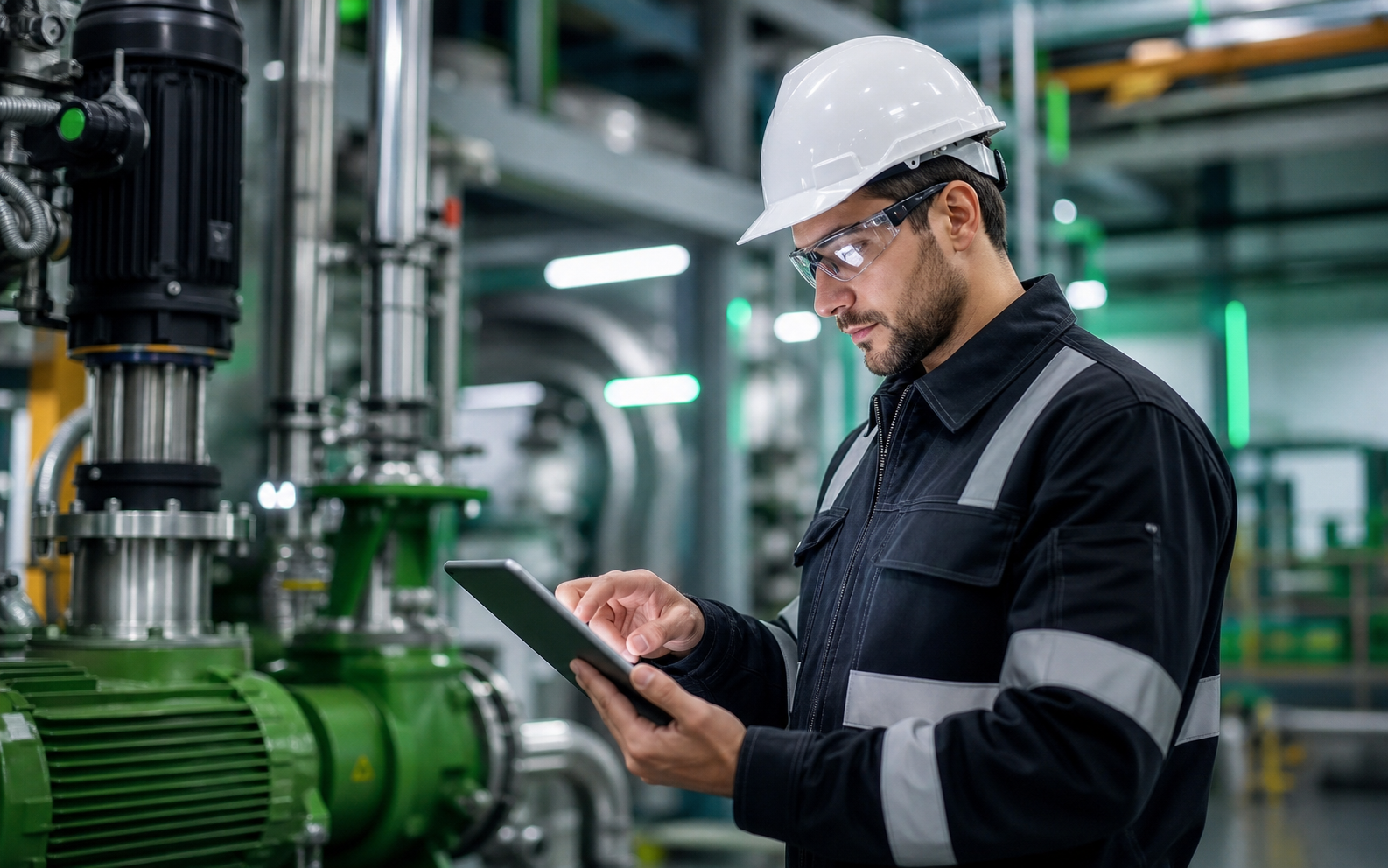 Técnico técnico de mantenimiento industrial usando la app de enrutar
