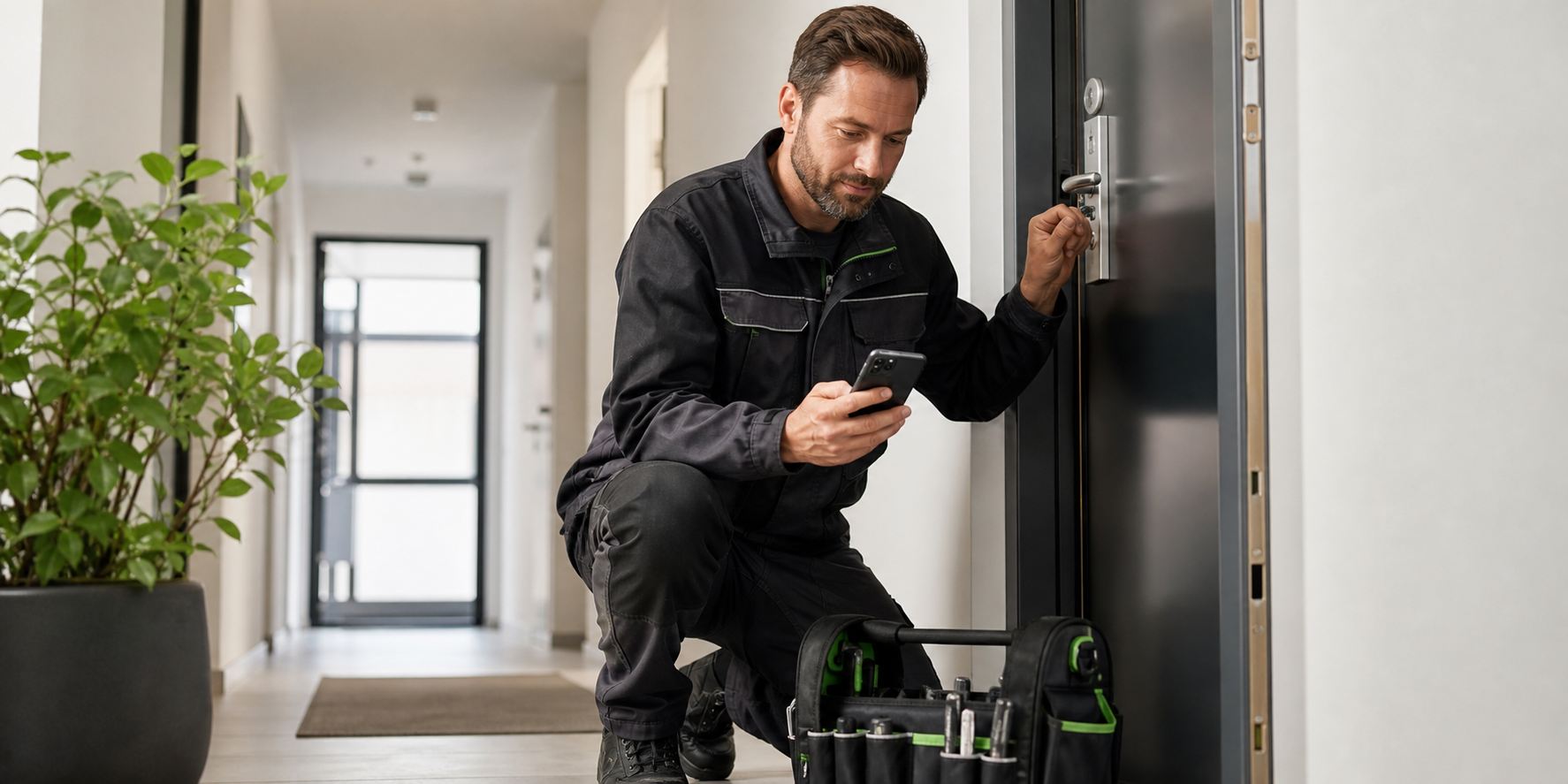 Técnico cerrajero usando la app de enrutar