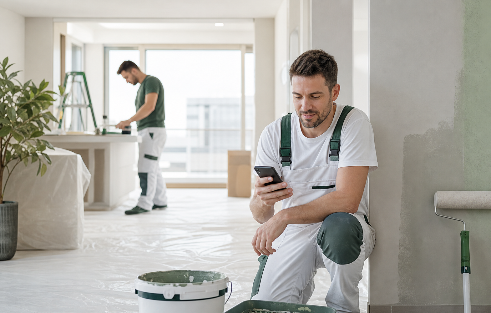 Técnico pintor usando la app de enrutar