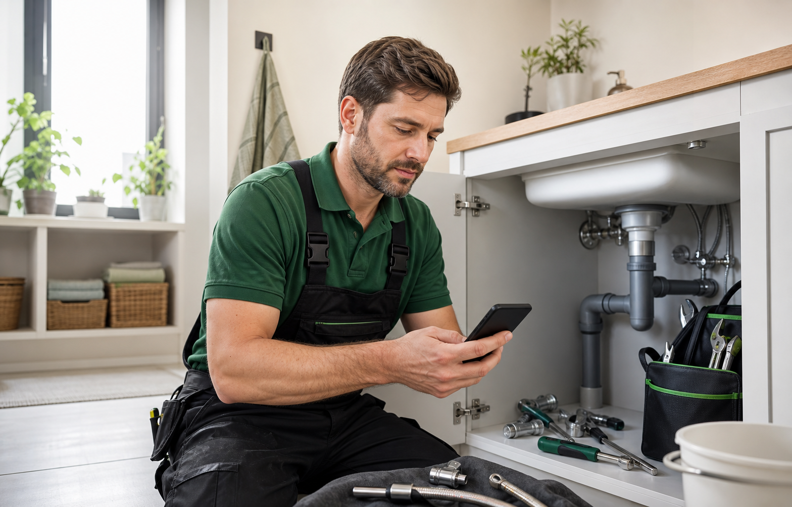 plumbing technician using the enrutar app