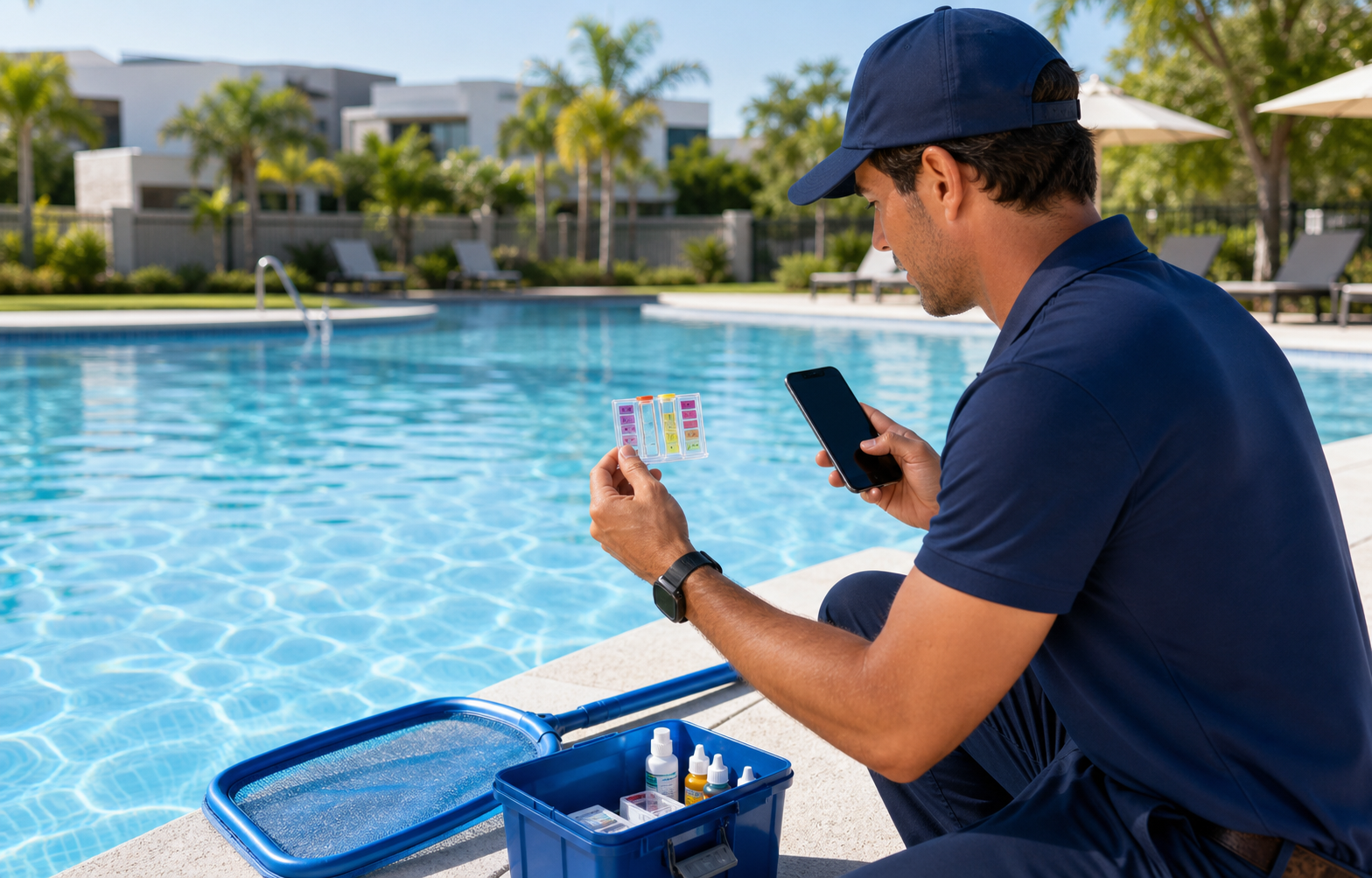 Técnico técnico de piscinas usando la app de enrutar