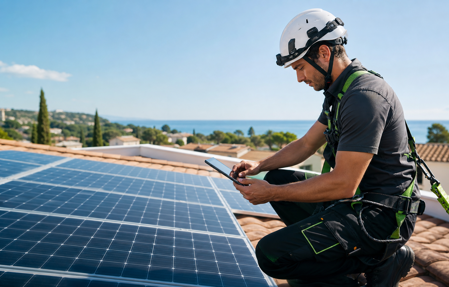 Técnico instalador solar usando la app de enrutar