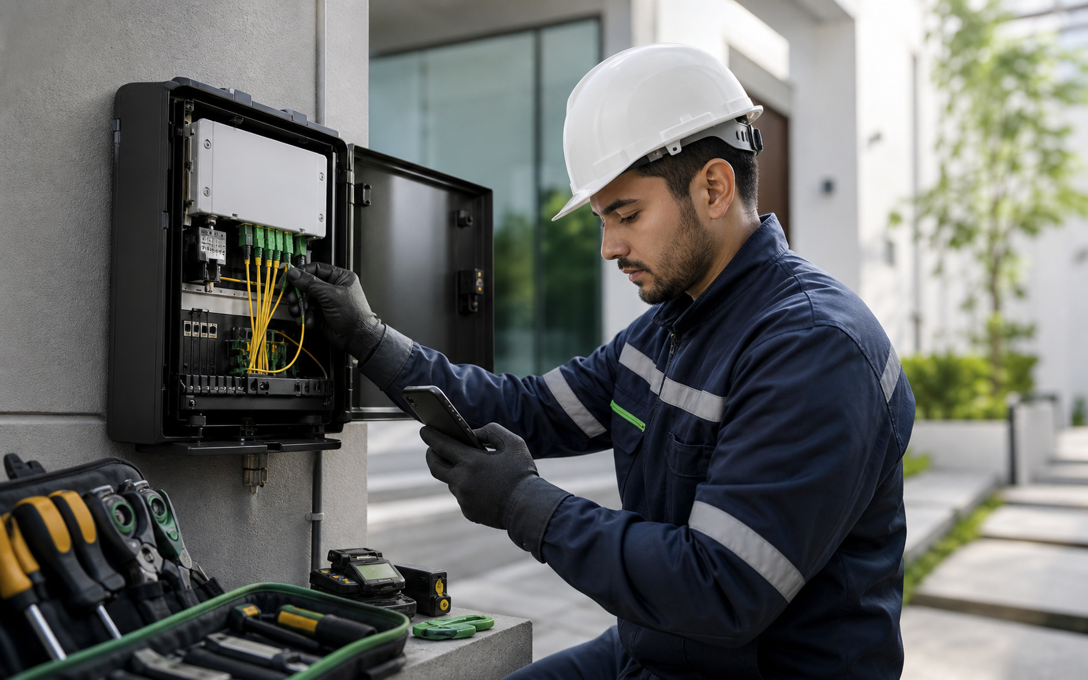 Técnico técnico de telecomunicaciones usando la app de enrutar