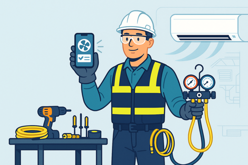 Técnico de climatización usando la app de enrutar