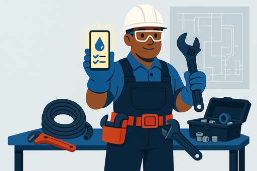 Técnico fontanero usando la app de enrutar