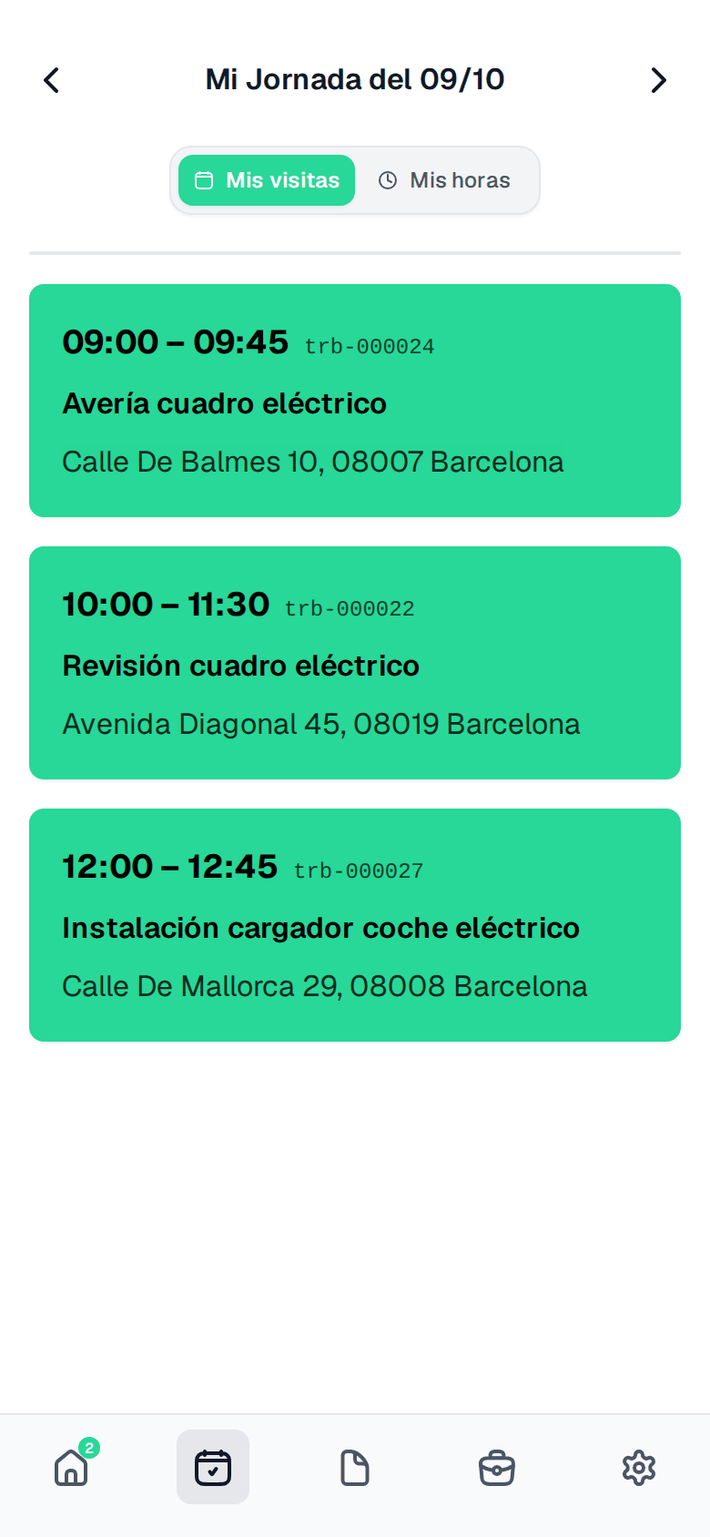 Pantalla Mi Jornada de la app de enrutar con tres visitas del día, su horario, el identificador del trabajo y la dirección.