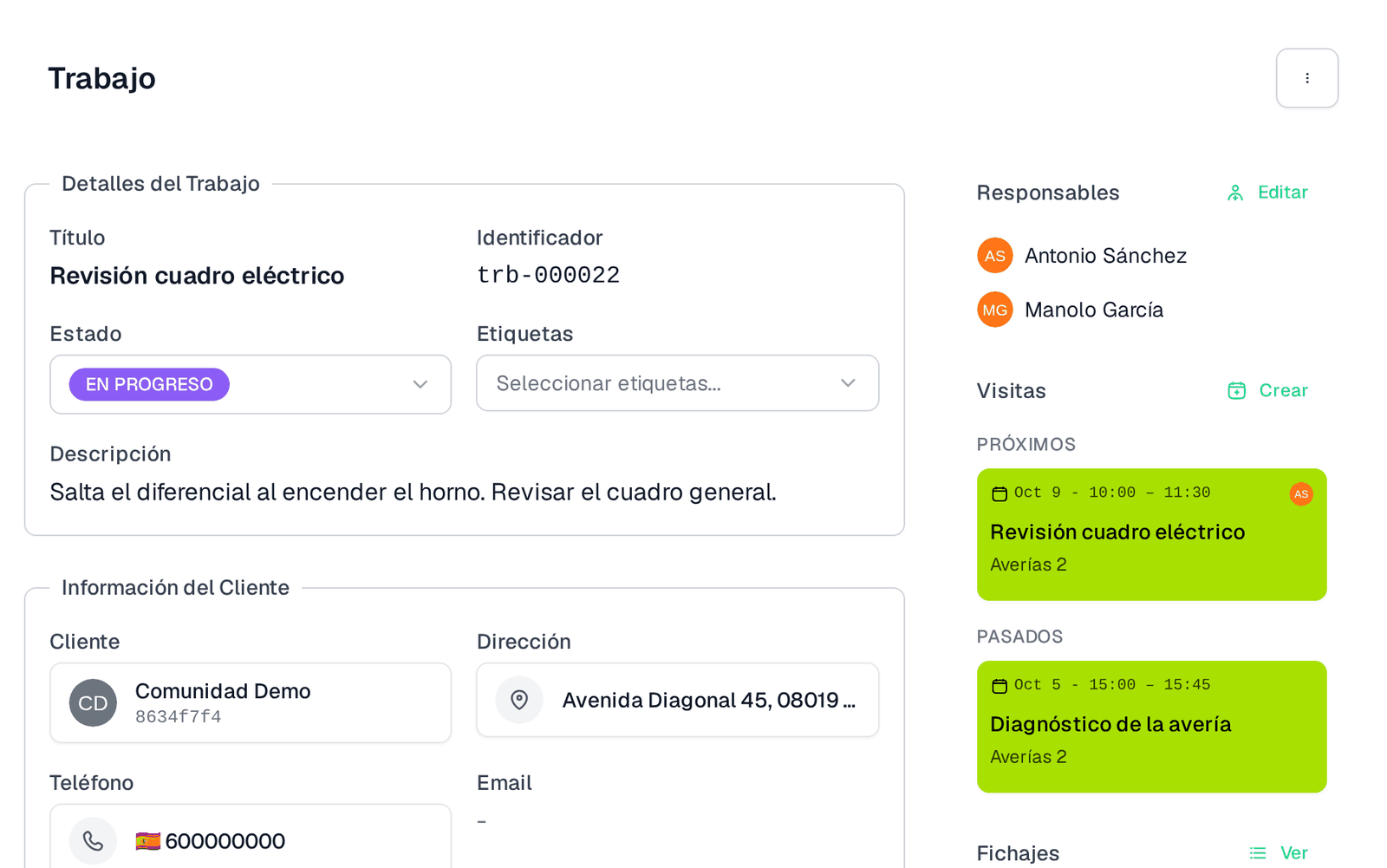 Ficha de un trabajo en enrutar con la descripción del aviso, el cliente, los técnicos responsables y la próxima visita programada.
